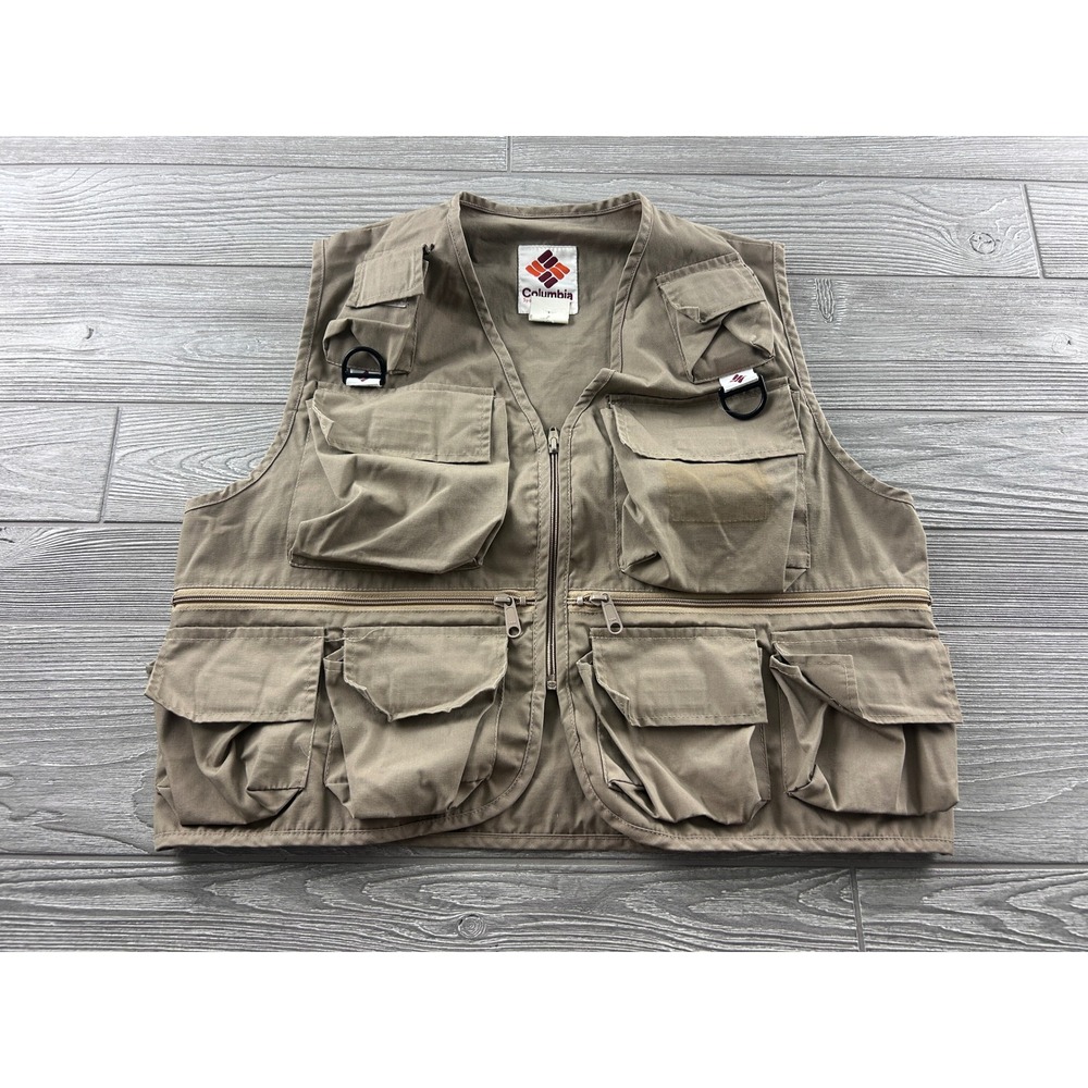 Columbia Sportswear Mens Small Tan Khaki Utility Fishing Cargo Vest 1150 2697